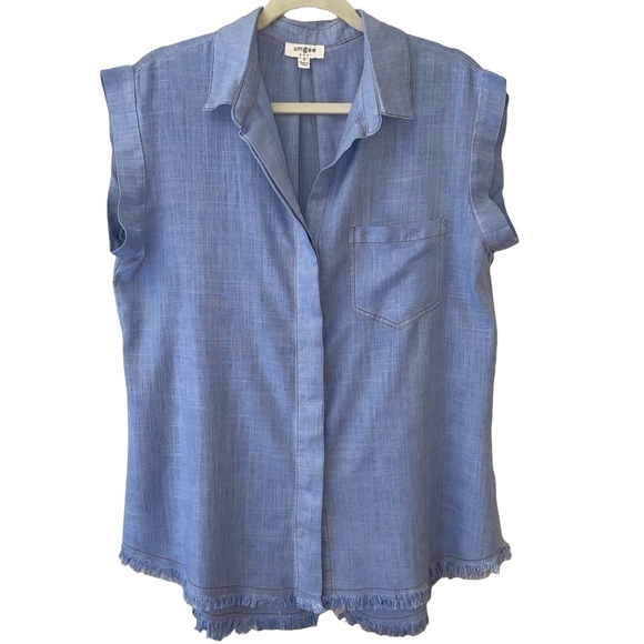 Umgee Women’s light-weight frayed hem Chambray Denim sleeveless top Sz S - Picture 1 of 8